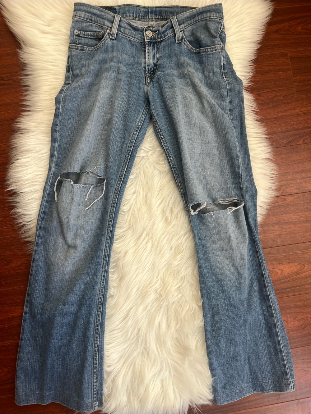 Light Wash Flare Jeans with Knee Distressing